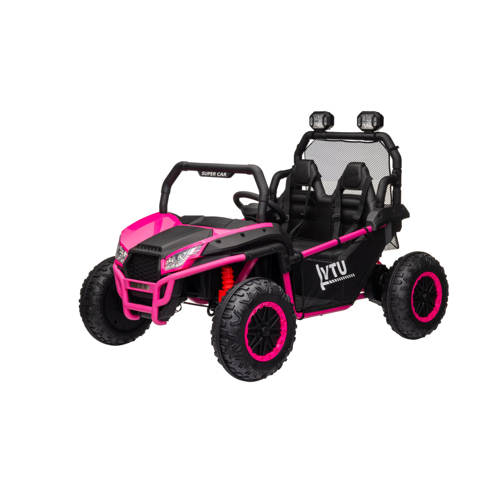 24 Volt Ride on Toys with Remote, Metal Frame Electric Powered off-Road UTV with 2 XL Seater, 4x200W 5MPH Max, 4WD/2WD Switchable, 3 Speeds, Bluetooth, Storage, Pink