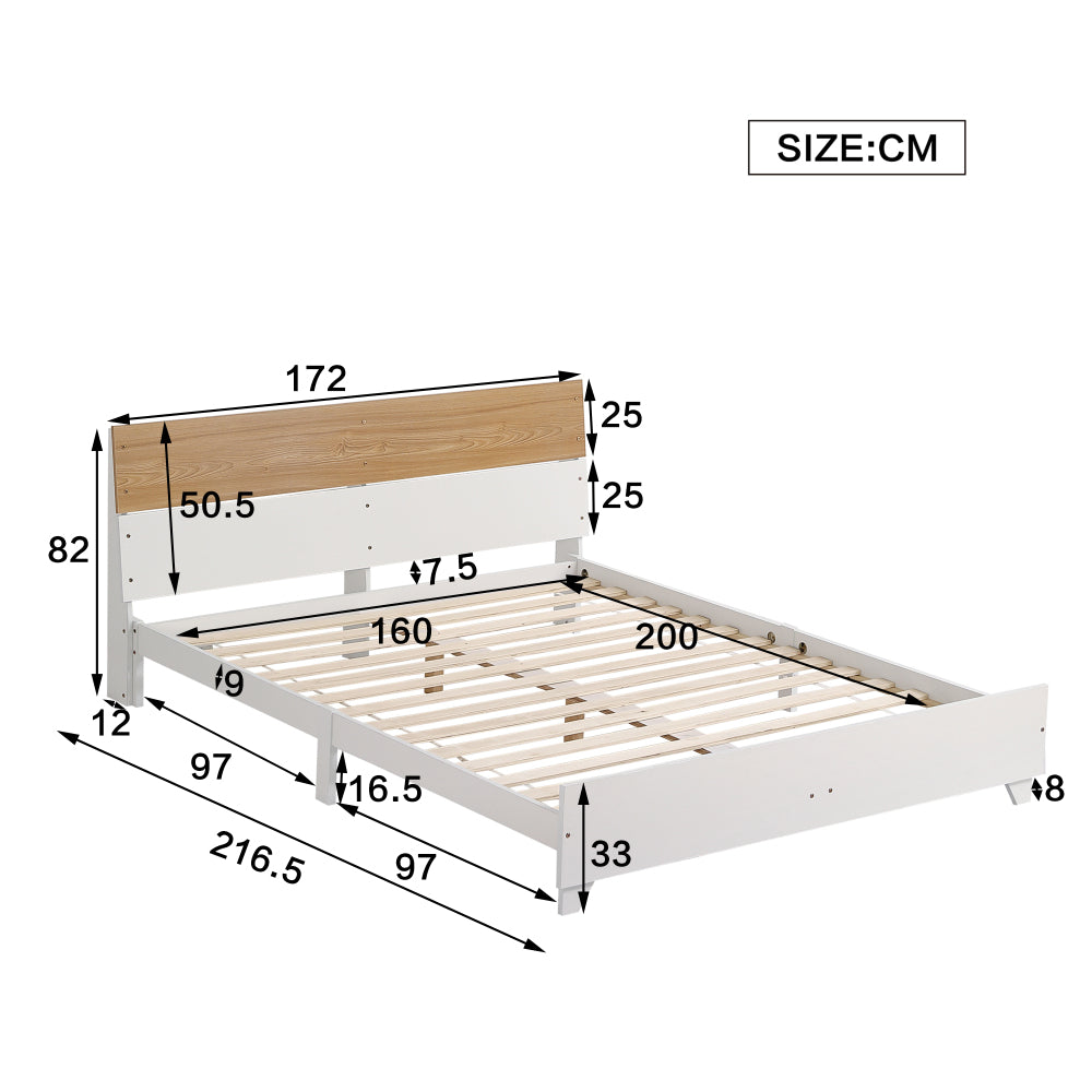 Doppelbett, Paneelbett, Erwachsenenbett, Kopfteil farblich abgesetzt, mit 15 Latten und Bettseite Mittelfuß, Kiefer+MDF+Mehrschichtplatte, Weiß+Natur, 160x200cm