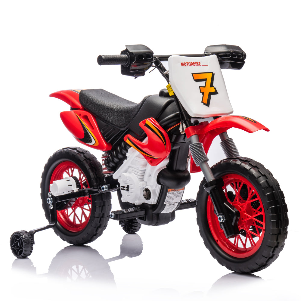 12V Kids Ride On Electric Toy Motorcycle,Rear suspension,Twist Grip Throttle,Slow Start,Removable training wheels,Indie music box with horn and engine,Simulation of dirt bike modeling for kids 3-8.