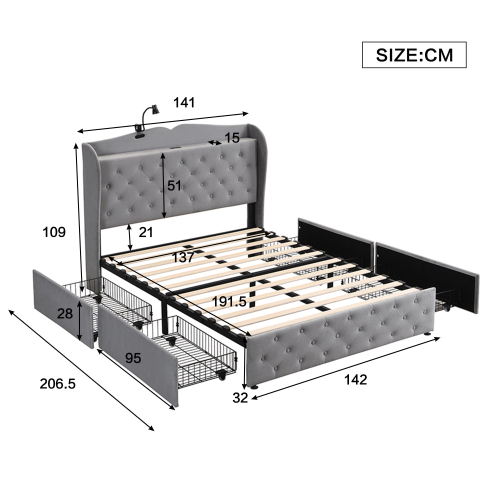 Upholstered Bed, 4ft6 double bed 135x190cm, With 4 drawers and Lamp, 4 USB port, Durable and Sturdy, Youth bed, for adults & teenagers, Multifunctional bed, Velvet, Grey