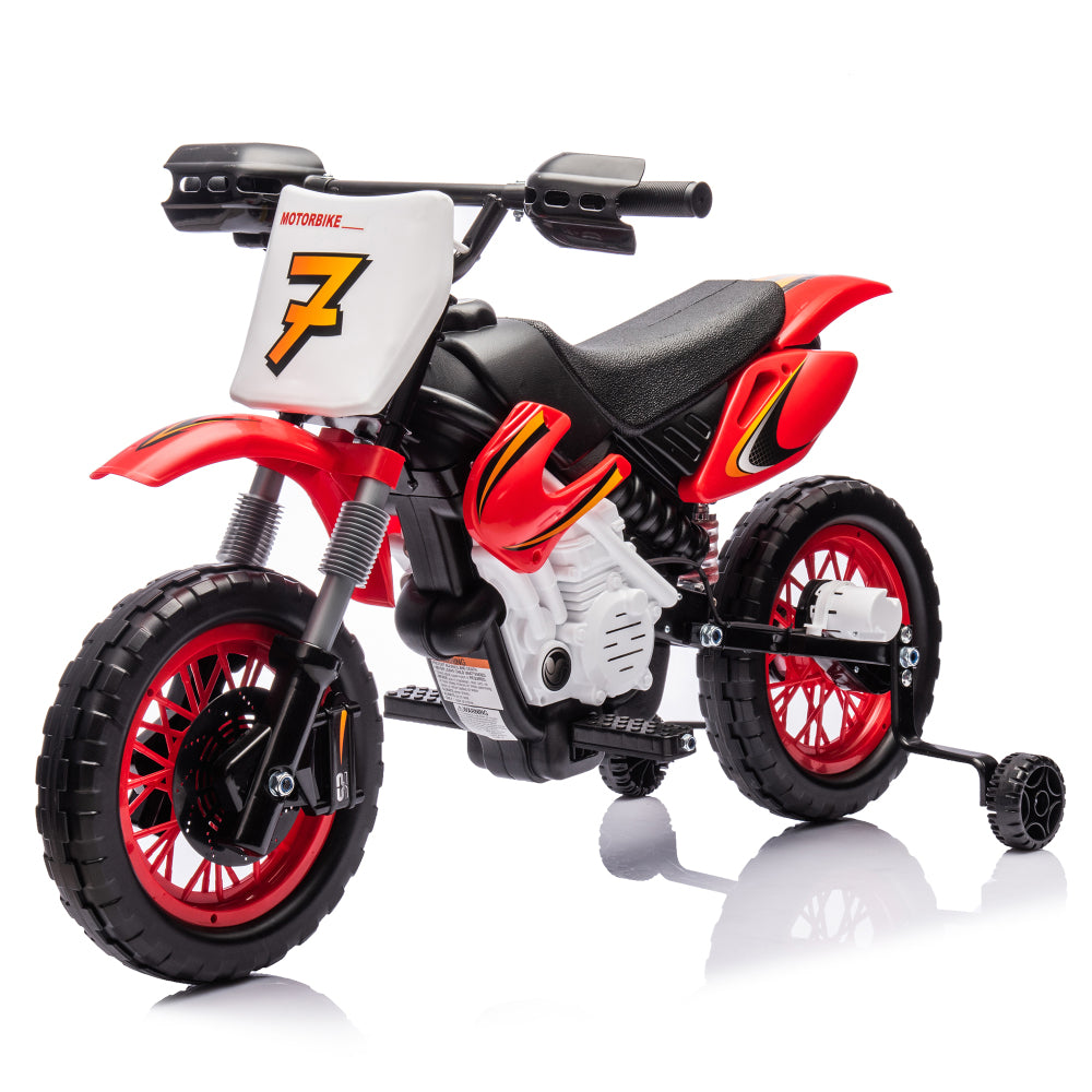 12V Kids Ride On Electric Toy Motorcycle,Rear suspension,Twist Grip Throttle,Slow Start,Removable training wheels,Indie music box with horn and engine,Simulation of dirt bike modeling for kids 3-8.