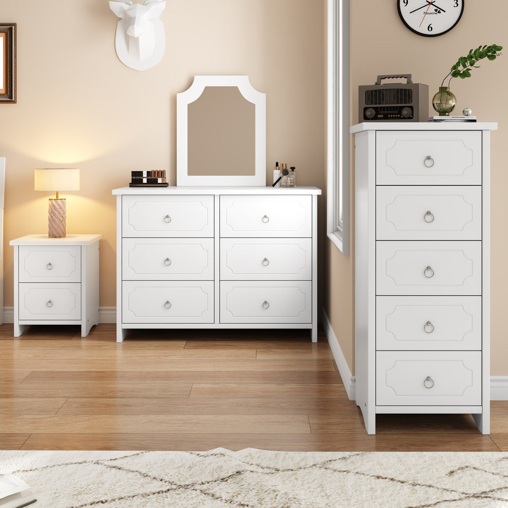 Spiegelschrank, Kommode, 6 Schubladenschrank, Spiegel herausnehmbar, Stauraum im Wohnzimmer und Schlafzimmer, geräuschlosen Gleitern, MDF+Spanplatte, Weiß