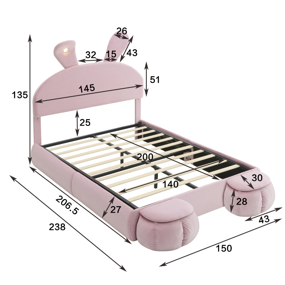 Polsterbett, Doppelbett, hydraulisches Bett, Hasenohren mit einstellbarer Helligkeit warmfarbenen Lichtstreifen, Stauraum unter dem Bett, mit zwei Aufbewahrungshockern, Samt, Rosa, 140x200cm