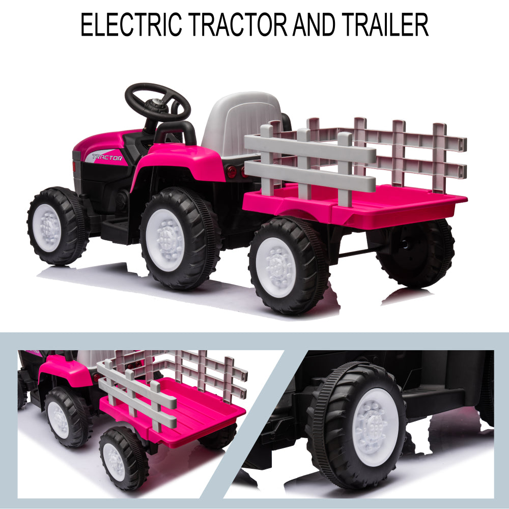 Pink, 12V7AH Battery-Powered Toy Tractor with Trailer, Remote Control, Kids' Electric Excavator Vehicles with 2x35W Dual Motor, Treaded Tires, LED Lights, USB, Music, Safety Belt - Gift Childrens DAY