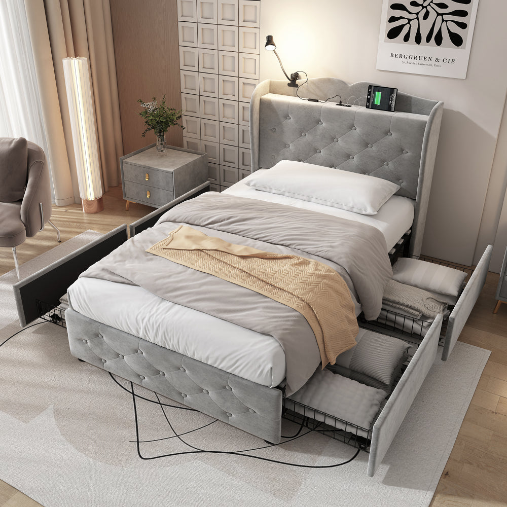 Upholstered Bed, Storage Bed, 3FT single bed 90x190cm, With 4 drawers and Lamp, 4 USB port, Durable and Sturdy, Youth bed, for adults & teenagers, Velvet, Grey