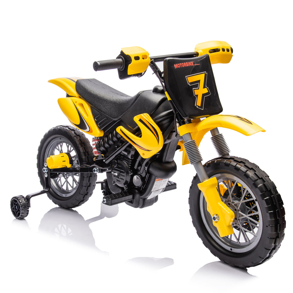 12V Kids Ride On Electric Toy Motorcycle,Rear suspension,Twist Grip Throttle,Slow Start,Removable training wheels,Indie music box with horn and engine,Simulation of dirt bike modeling for kids 3-8.