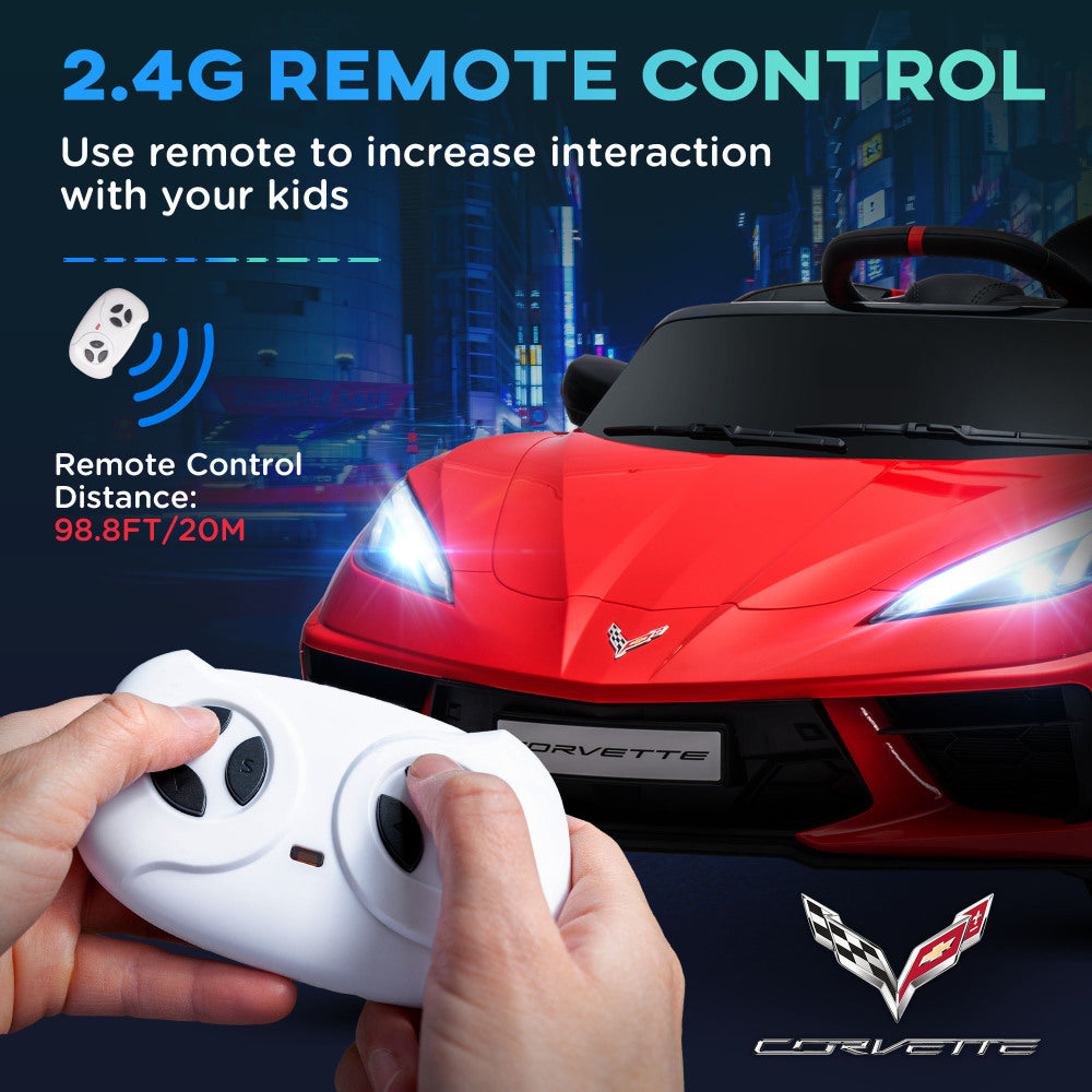 Qaba Electric Car for Kids, 12V Chevrolet Corvette Licensed Kids Car with Parental Remote Control, Suspension System, Music, Horn, Headlight, Slow Start, Kids Electric Car for 3-6 Years, Red