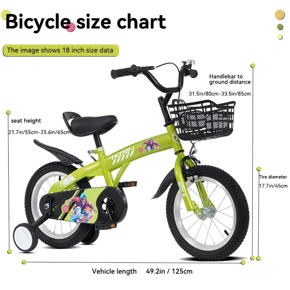 FKZNPJ 18 inch sporty kids bike with training wheels and stand Adjustable saddle Suitable for boys and girls aged 5-10 years tall Height 39-49 inches Available in a variety of colors