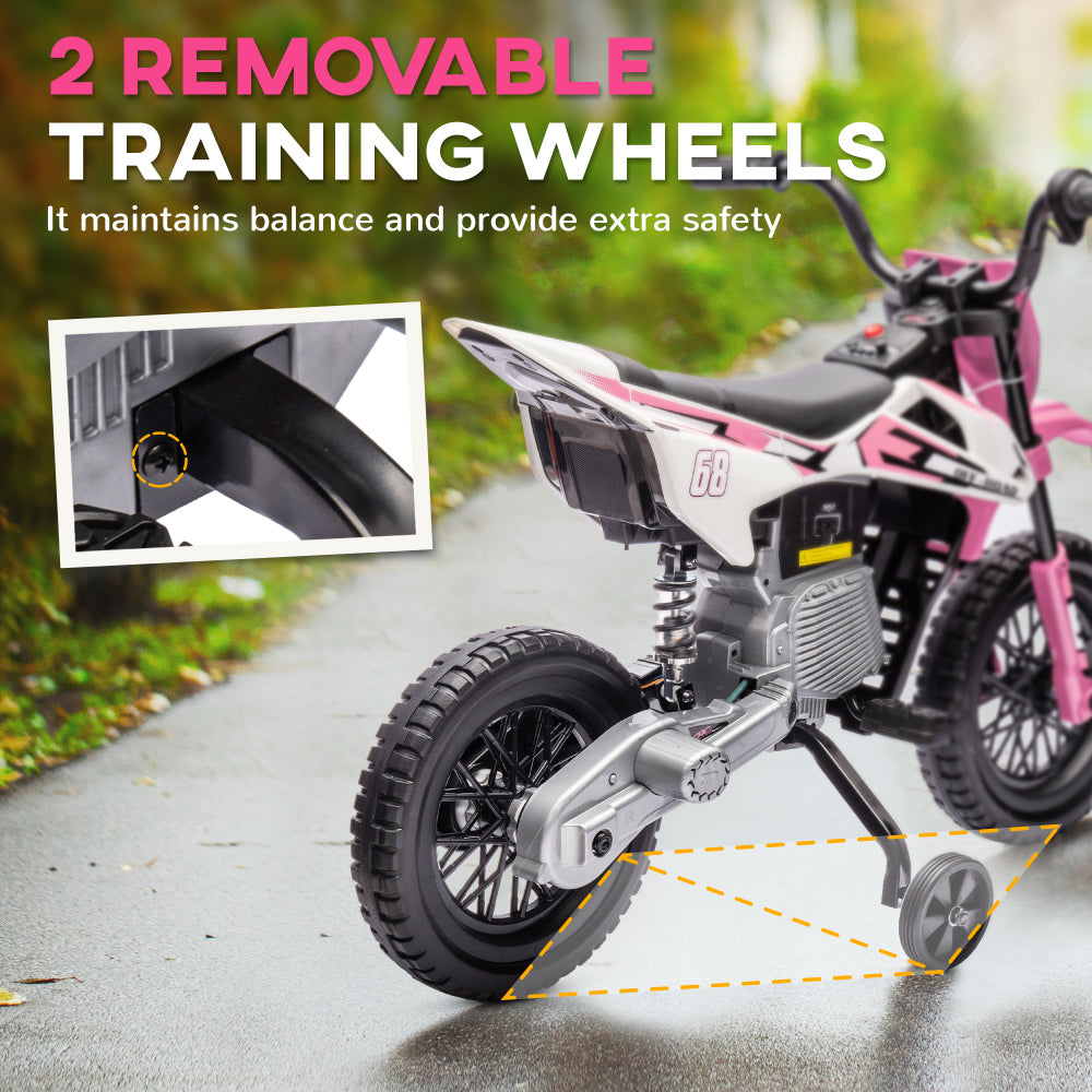 Qaba Kids Dirt Bike with Twist Grip Throttle, 12V Electric Motorcycle, Electric Bike for Toddler with Training Wheels, Rear Suspension & Music for Ages 3-6 Years, Pink