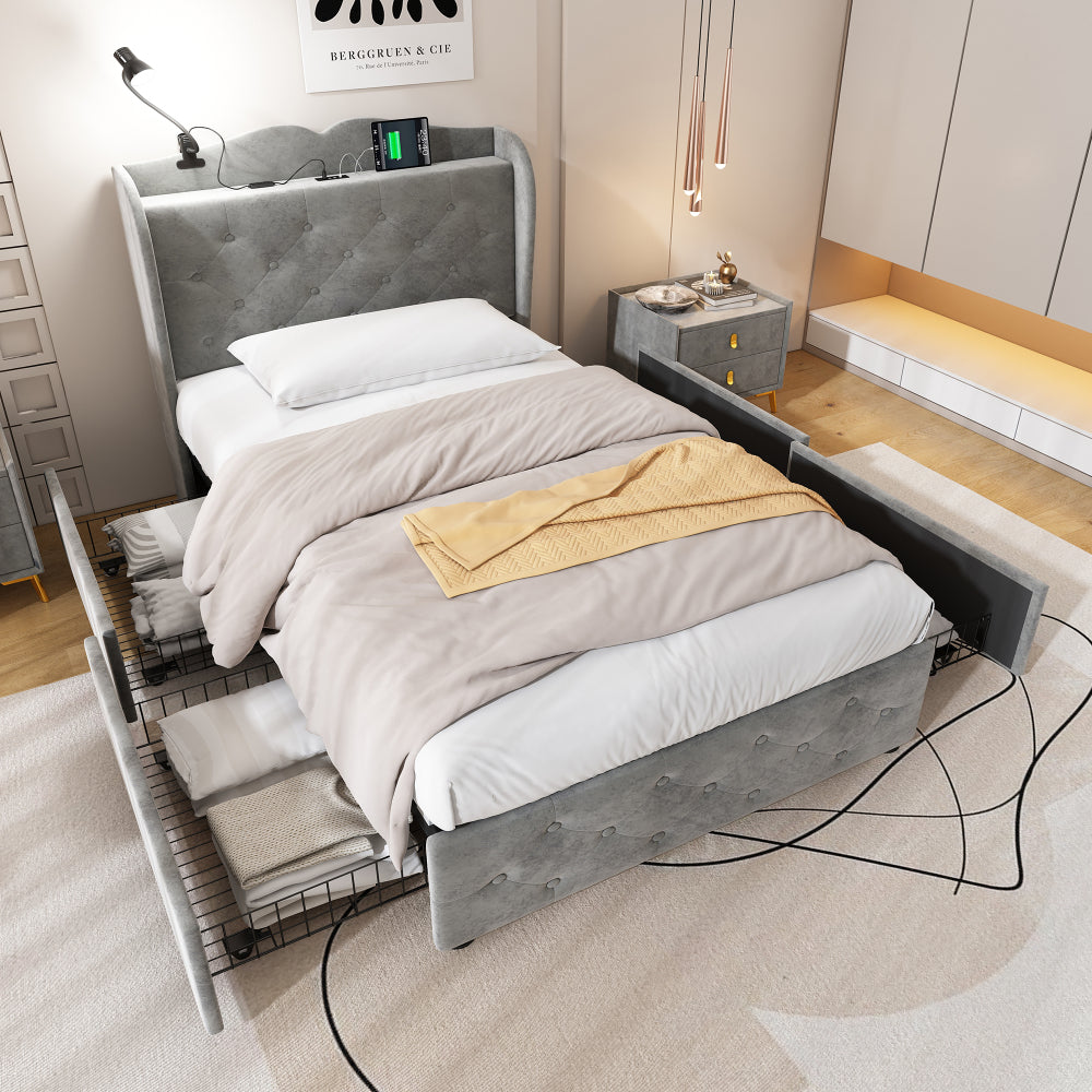 Upholstered Bed, Storage Bed, 3FT single bed 90x190cm, With 4 drawers and Lamp, 4 USB port, Durable and Sturdy, Youth bed, for adults & teenagers, Velvet, Grey