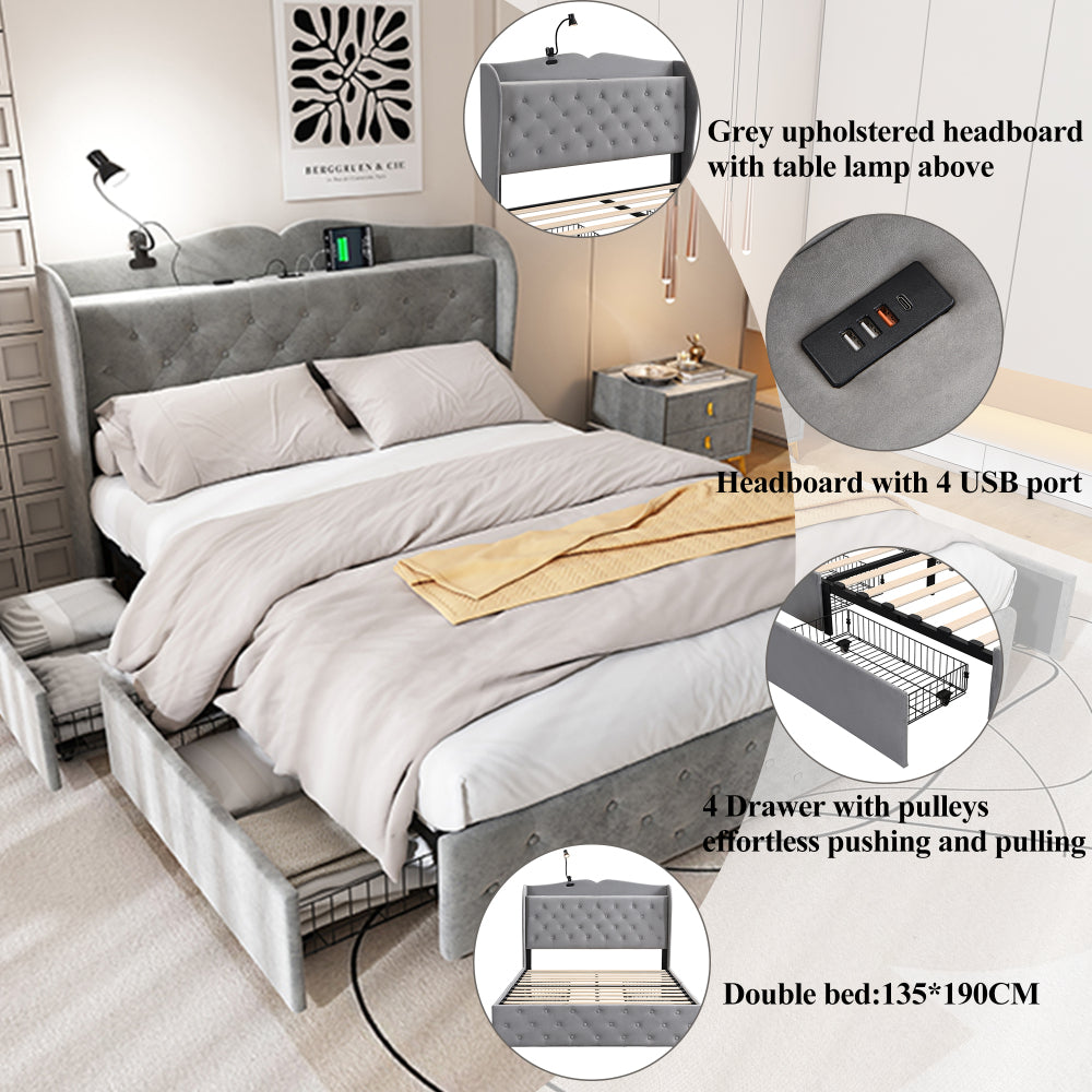 Upholstered Bed, 4ft6 double bed 135x190cm, With 4 drawers and Lamp, 4 USB port, Durable and Sturdy, Youth bed, for adults & teenagers, Multifunctional bed, Velvet, Grey