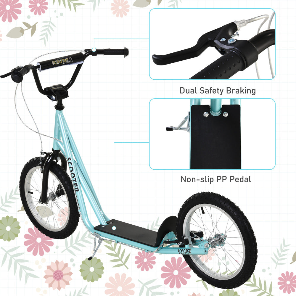Aosom Youth Scooter Kick Scooter for Kids 5+ with Adjustable Handlebar 16" Front and Rear Dual Brakes Inflatable Wheels, Blue