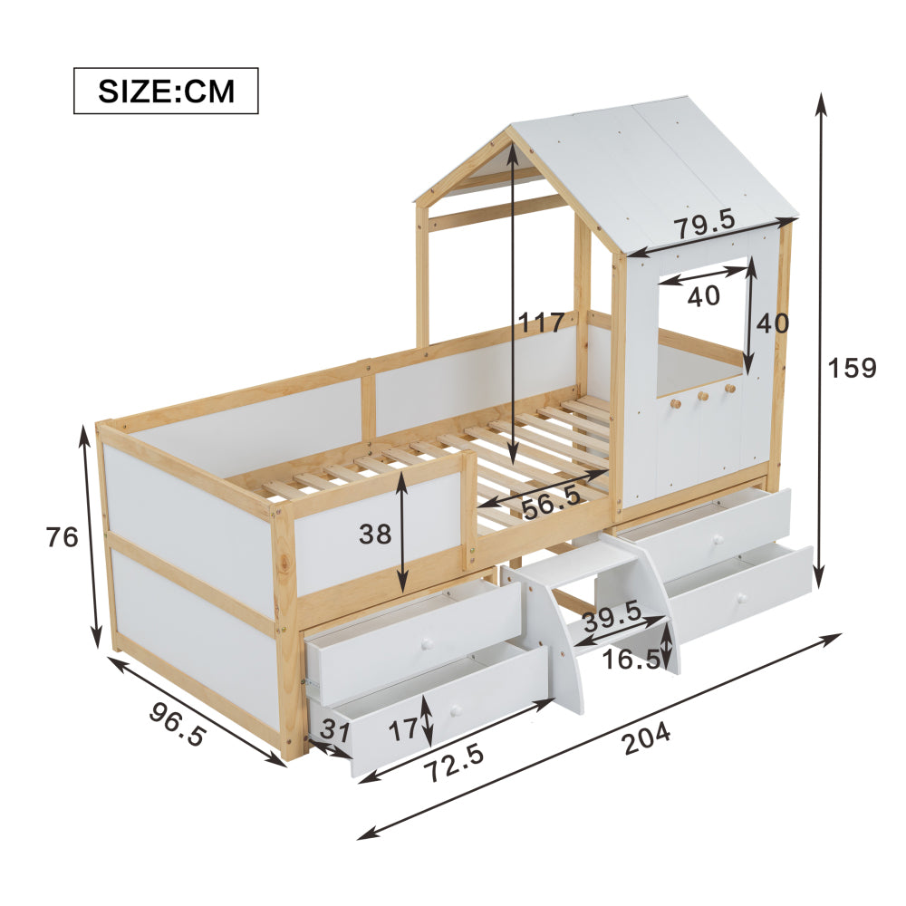 Kinderbett, halbhohes Bett, Hausbett mit Dach und Fenster, Vierseitiger Zaun, mit 4 Schubladen und kleine Treppe, Kiefer+MDF+Sperrholz, Weiß+Natur, 90x200cm