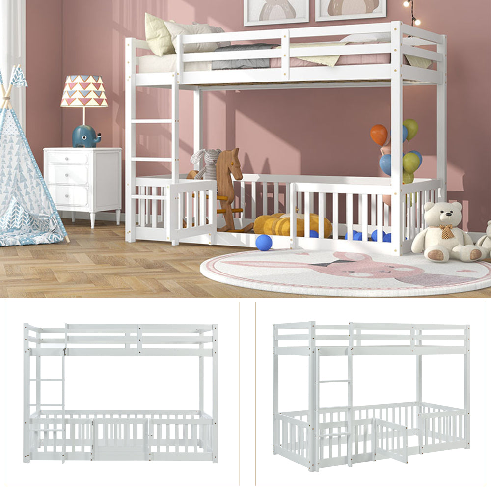 Etagenbett mit rechtwinkliger Treppe, Bett mit Zäune und Türchen, Kinderbett mit Fallschutz und Gitter, Massivholz, weiß (200x90cm)