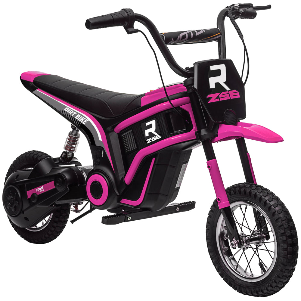 Aosom Electric Dirt Bike with Twist Grip Throttle, 24V 350W Off-Road Electric Motorcycle, Up to 15 MPH with Brake, Music Horn, Rear Suspension for Ages 13+ Years, Pink