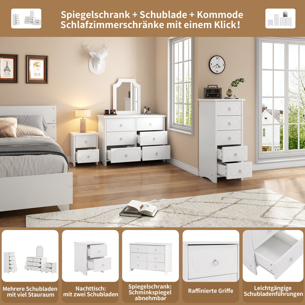 Komplettes Speicher-Trio, Nachttisch+Fünf Schubladenschränke+Spiegelschränke, mit mehreren Schubladen, mit Spiegeln, praktische Aufbewahrung für Schlaf- und Wohnräume, MDF+Spanplatte, Weiß