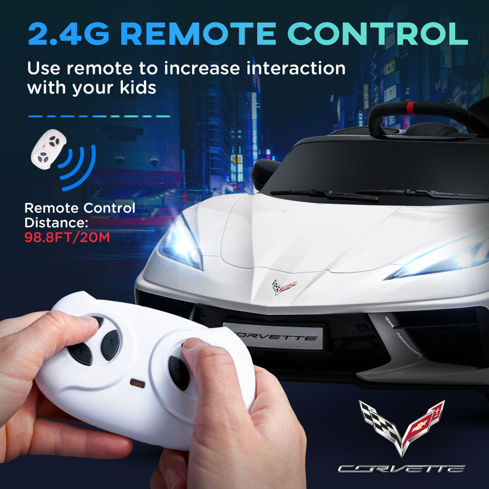 Qaba Electric Car for Kids, 12V Chevrolet Corvette Licensed Kids Car with Parental Remote Control, Suspension System, Music, Horn, Headlight, Slow Start, Kids Electric Car for 3-6 Years, White