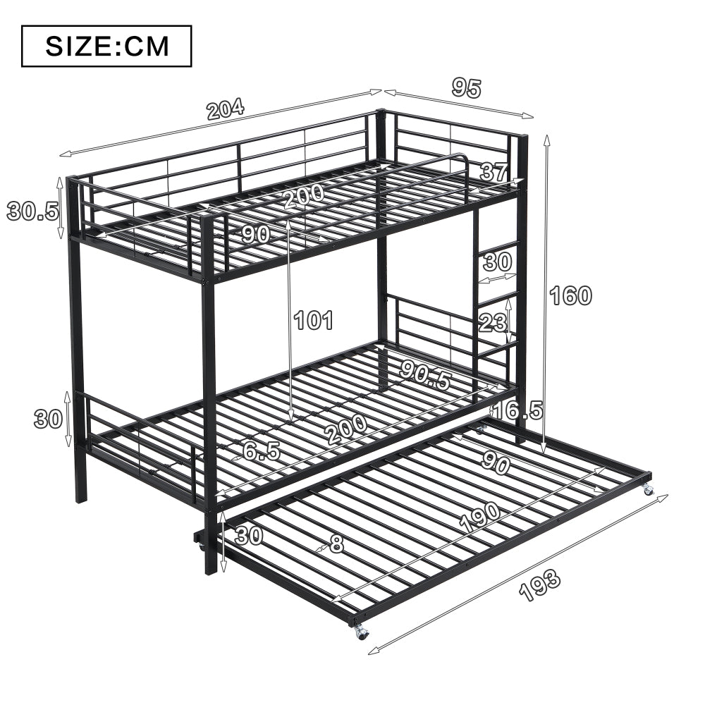 Eisenbett, Etagenbett, Geeignet für Kinder und Jugendliche, mit Ausziehbett, vier Seitengitter am oberen Bett, Eisen, Schwarz, 90x200cm&90x190cm