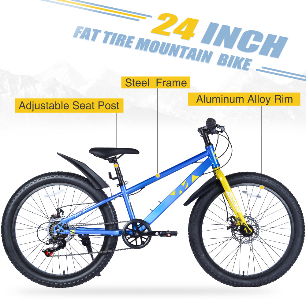 24 Inch Bicycles , Fat Tire Mountain Bike for Boys and Girls Age 10 + Years ,Dual-Disc Brake,Shimano 7-Speed ,Kids Beach and Snow Bicycle