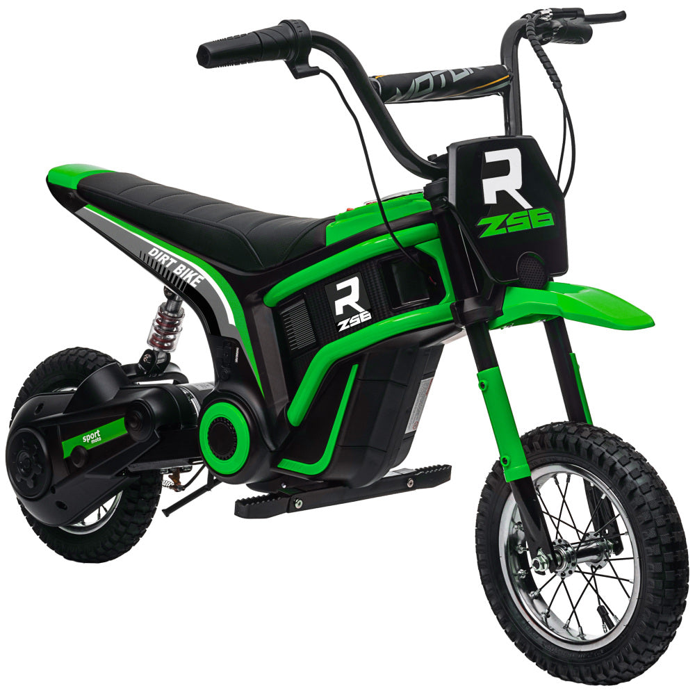 Aosom Electric Dirt Bike with Twist Grip Throttle, 24V 350W Off-Road Electric Motorcycle, Up to 15 MPH with Brake, Music Horn, Rear Suspension for Ages 13+ Years, Green