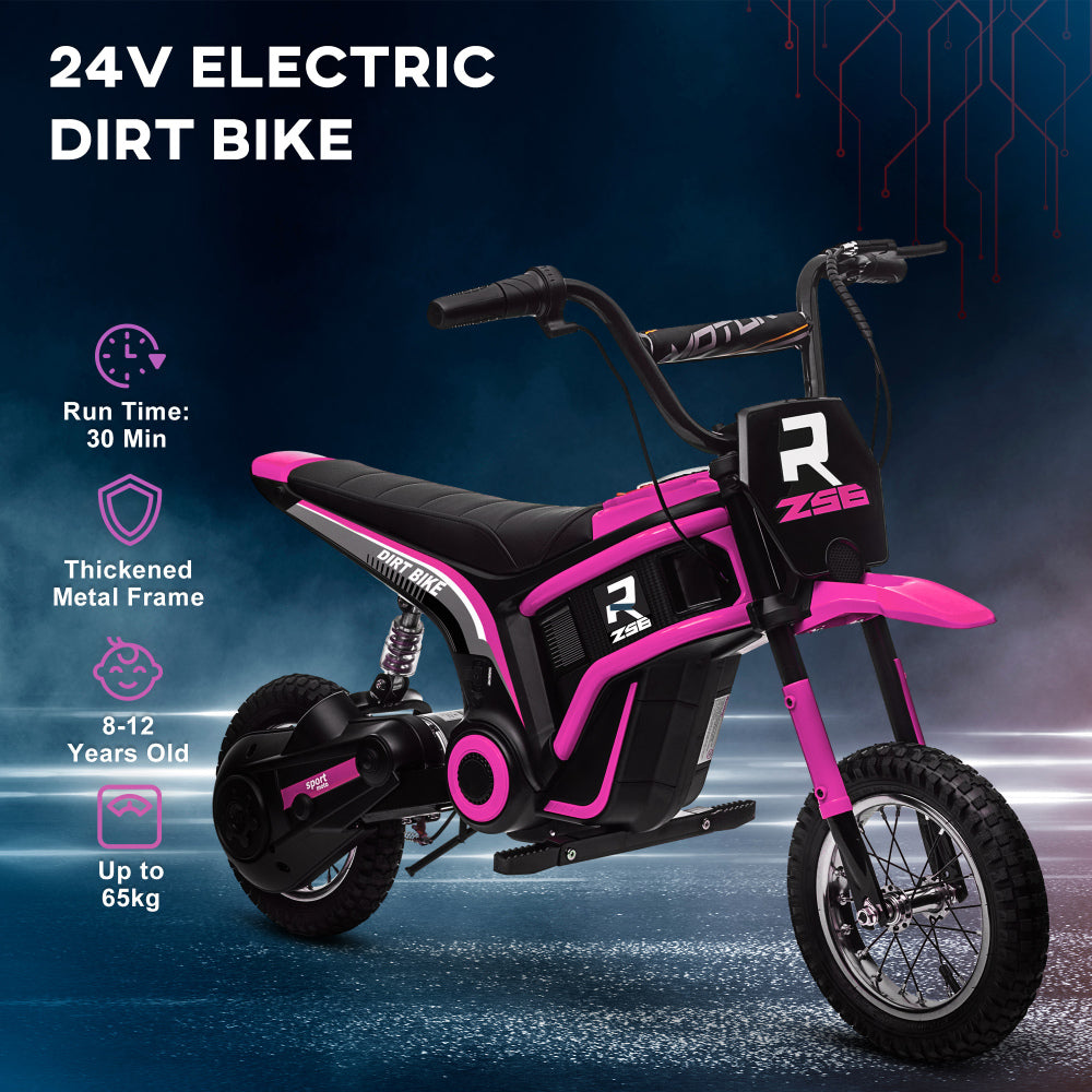 Aosom Electric Dirt Bike with Twist Grip Throttle, 24V 350W Off-Road Electric Motorcycle, Up to 15 MPH with Brake, Music Horn, Rear Suspension for Ages 13+ Years, Pink