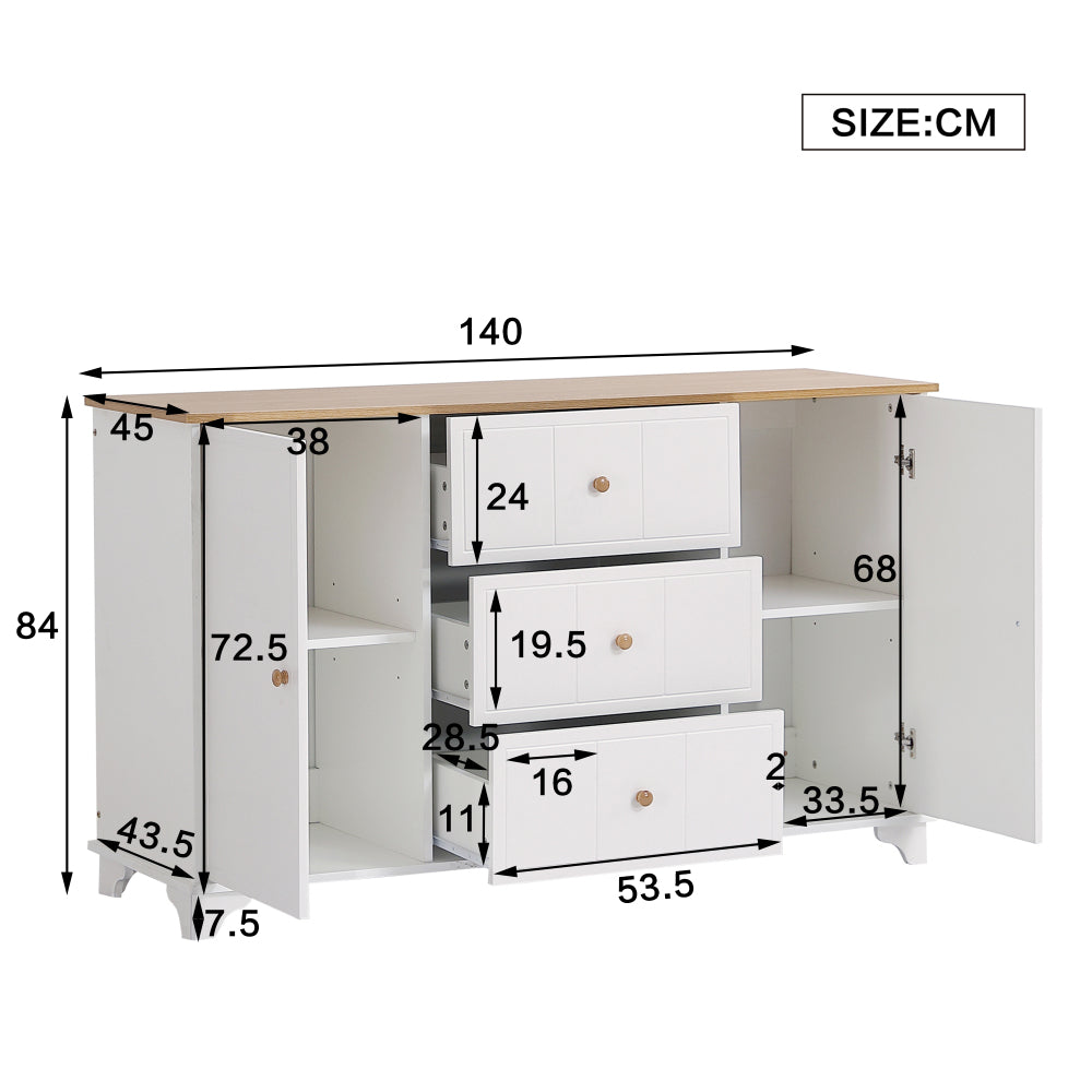 Klassische Kommode, Schrank mit 3 Schubladen und 2 Türen, mit Natur Griffen, Stauraum im Wohnzimmer und Schlafzimmer, MDF+Spanplatte, Weiß+Natur