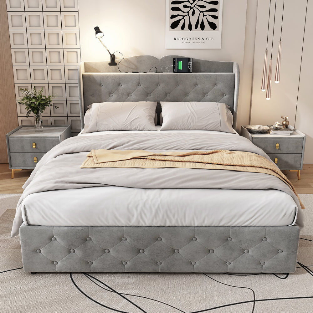 Upholstered Bed, 4ft6 double bed 135x190cm, With 4 drawers and Lamp, 4 USB port, Durable and Sturdy, Youth bed, for adults & teenagers, Multifunctional bed, Velvet, Grey