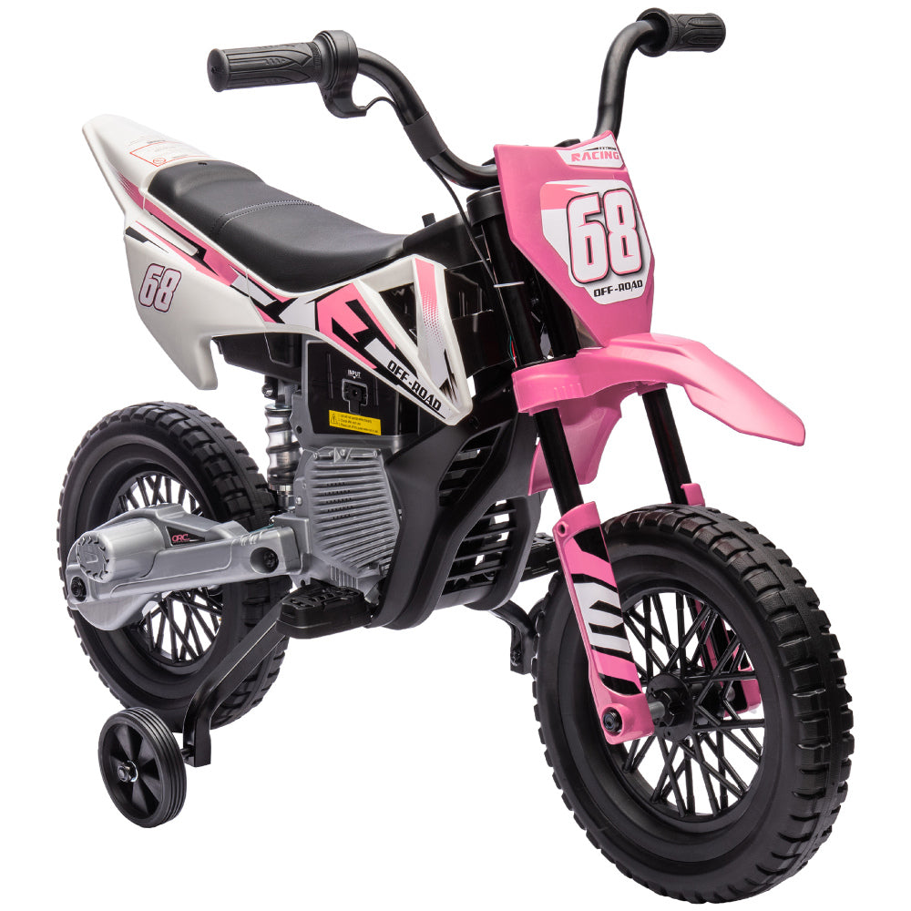 Qaba Kids Dirt Bike with Twist Grip Throttle, 12V Electric Motorcycle, Electric Bike for Toddler with Training Wheels, Rear Suspension & Music for Ages 3-6 Years, Pink