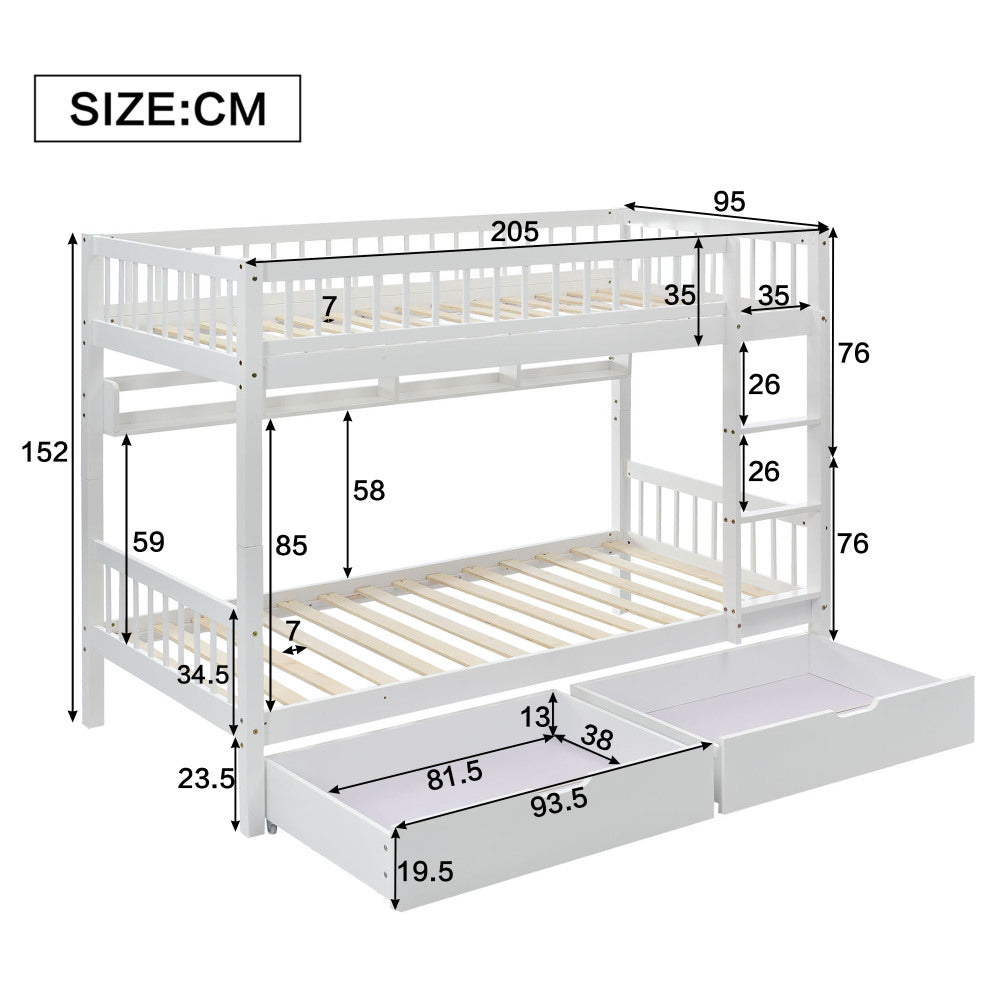 Etagenbett, Kinderbett, mit 3-tufige rechtwinklige Leiter, Links oder rechts montierbare Treppe, mit Fallschutzgitter, Regale und MDF-Schubladen, Kiefernholzrahmen, Weiß, 90x200cm