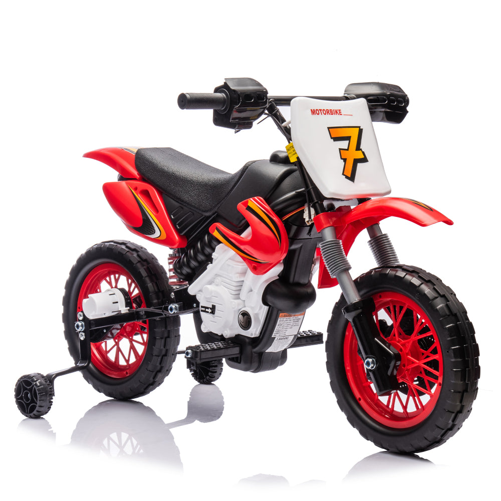 12V Kids Ride On Electric Toy Motorcycle,Rear suspension,Twist Grip Throttle,Slow Start,Removable training wheels,Indie music box with horn and engine,Simulation of dirt bike modeling for kids 3-8.