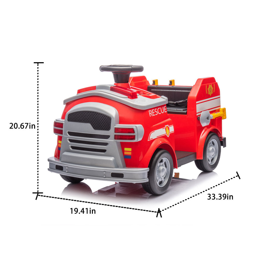 12V Kids Ride On Electric Car.Fire Engine Shape Design with Early education function,Human-vehicle interaction with A variety of fire tools.Lights, horns, and sirens,Slow Start For kids Aged 3-7.