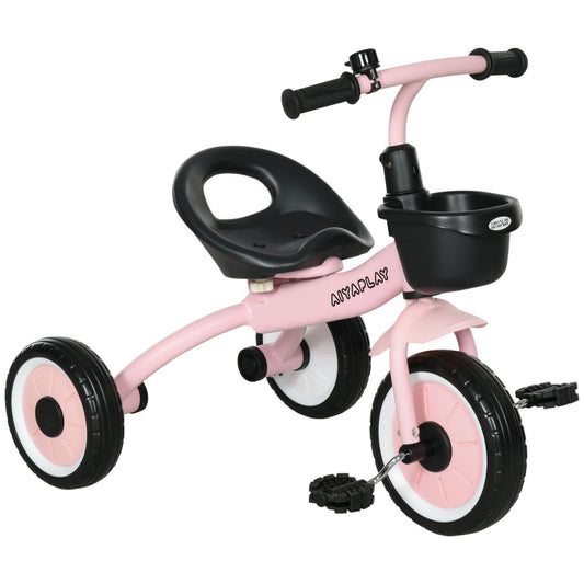 Qaba Kids Tricycle for Toddlers Age 2-5 with Adjustable Seat, Toddler Bike for Children with Basket, Bell, Handlebar Grips, Pink