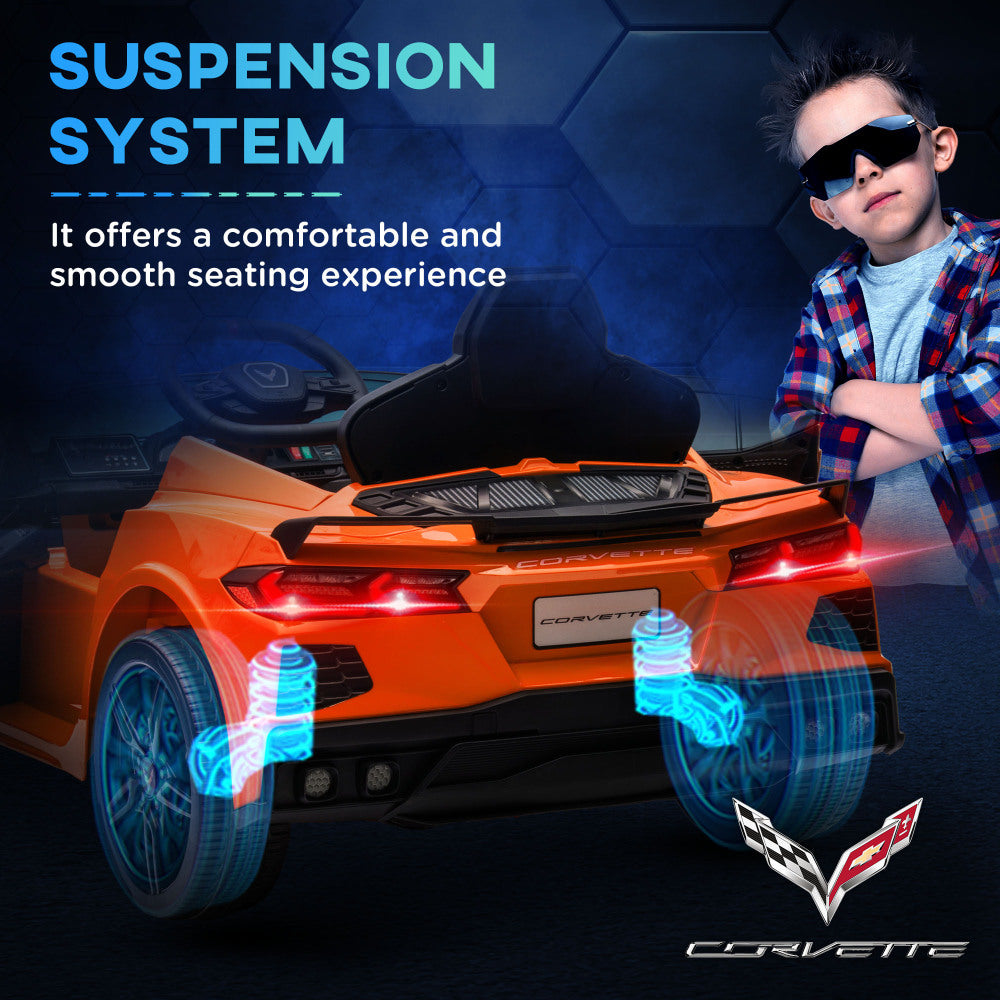 Qaba Electric Car for Kids, 12V Chevrolet Corvette Licensed Kids Car with Parental Remote Control, Suspension System, Music, Horn, Headlight, Slow Start, Kids Electric Car for 3-6 Years, Orange