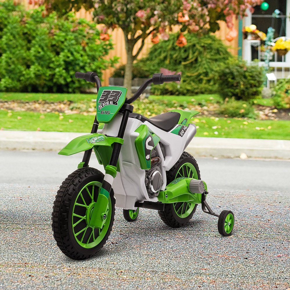 Aosom 12V Kids Motorcycle Dirt Bike Electric Battery-Powered Ride-On Toy Off-road Street Bike with Charging Battery, Training Wheels Green