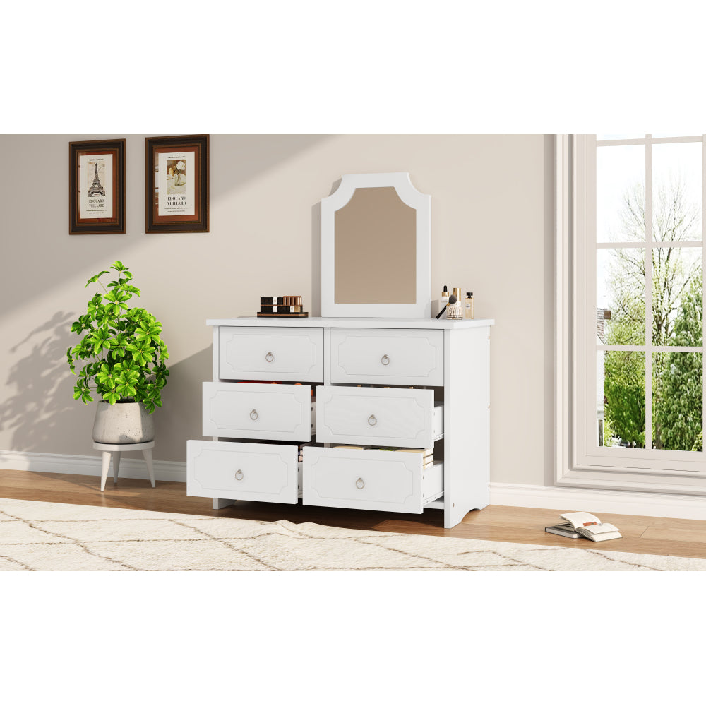 Spiegelschrank, Kommode, 6 Schubladenschrank, Spiegel herausnehmbar, Stauraum im Wohnzimmer und Schlafzimmer, geräuschlosen Gleitern, MDF+Spanplatte, Weiß