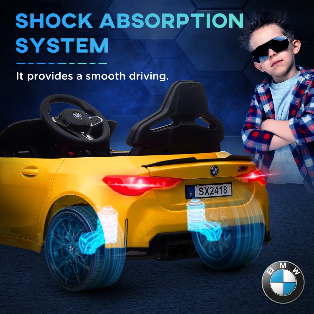 Qaba BMW M4 Licensed Kids Electric Car, 12V Ride On Car with Parent Remote Control, Suspension, Handle Attachment, Battery Powered Kids Car with LED Lights, Music, Soft Start, Yellow