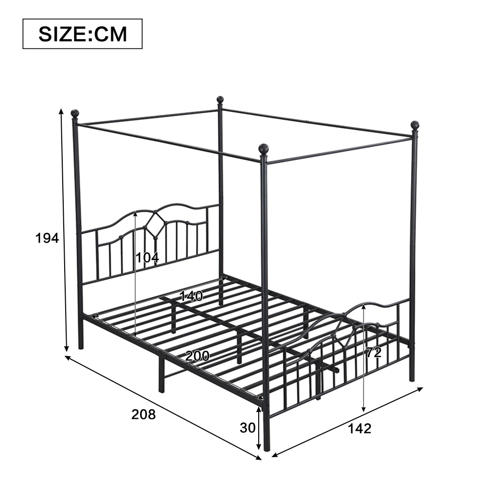 Metallbett, Himmelbett, Gewelltes Kopfteil, Französisches minimalistisches Design, Heranwachsende und Erwachsene, Flachbetten, Metall, Schwarz, 140x200cm