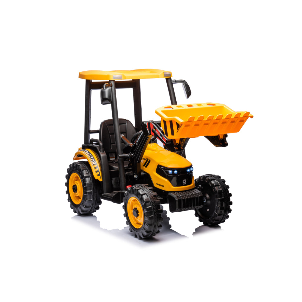 Pedal Tractors with Working Loader and Backhoe Digger, Kids' Ride on Car Toys 24V Battery Powered Electric Vehicles with Trailer, Digger for Toddlers (Yellow)