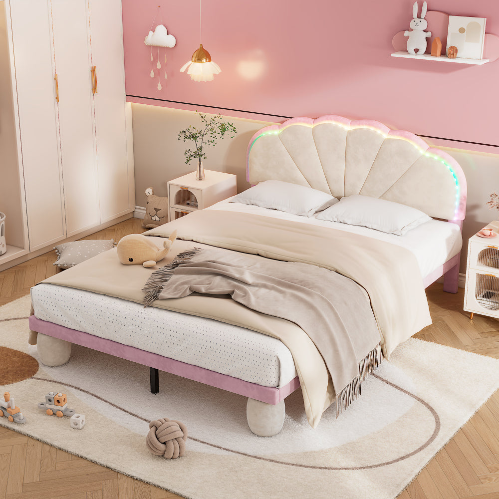 Polsterbett mit mehrfarbigen, wechselnden LED Lichtstreifen, Kopfteil mit Wellenschliff, mit gepolsterter runden Beine, Kinderbett mit Holzlatten, Einzelbett, Samt, Beige+Rosa, 90x200cm