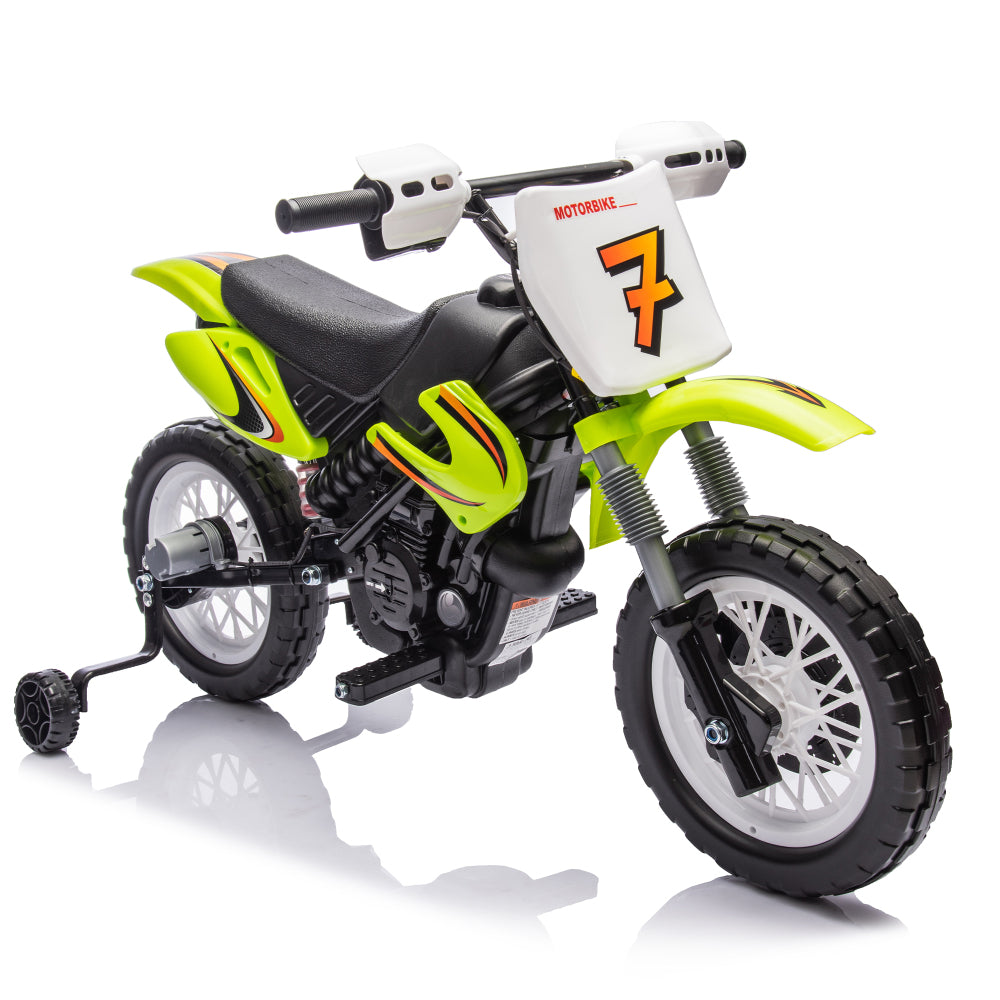 12V Kids Ride On Electric Toy Motorcycle,Rear suspension,Twist Grip Throttle,Slow Start,Removable training wheels,Indie music box with horn and engine,Simulation of dirt bike modeling for kids 3-8.