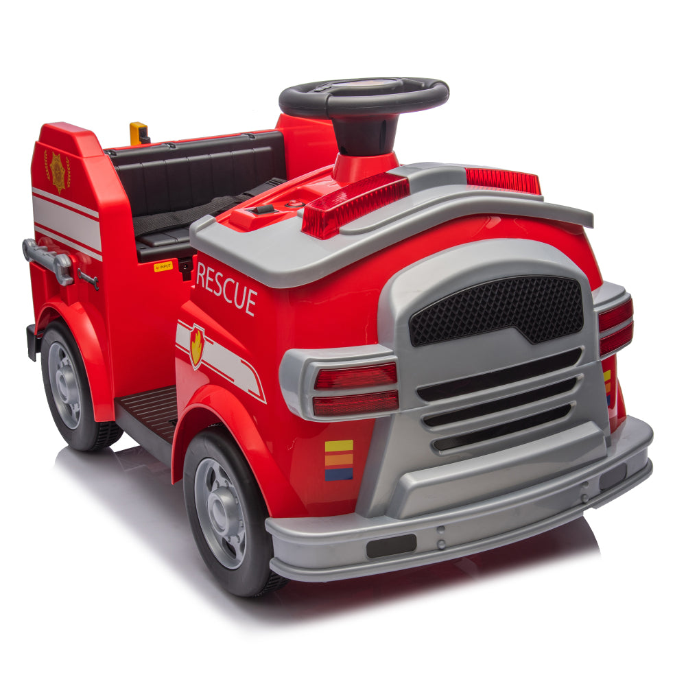 12V Kids Ride On Electric Car.Fire Engine Shape Design with Early education function,Human-vehicle interaction with A variety of fire tools.Lights, horns, and sirens,Slow Start For kids Aged 3-7.