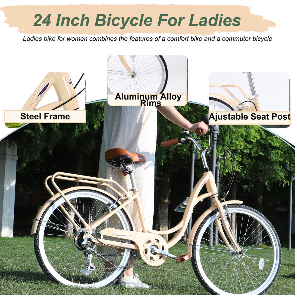 7 Speed, Steel Frame, Multiple Colors 24 Inch Ladies Bicycle