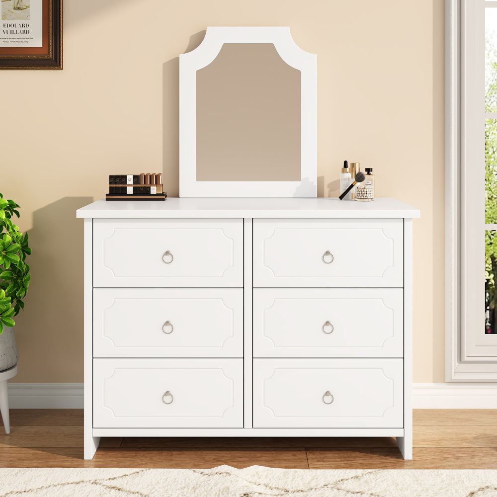 Spiegelschrank, Kommode, 6 Schubladenschrank, Spiegel herausnehmbar, Stauraum im Wohnzimmer und Schlafzimmer, geräuschlosen Gleitern, MDF+Spanplatte, Weiß