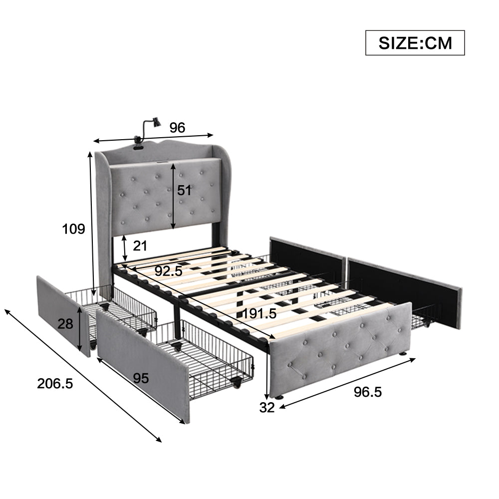 Upholstered Bed, Storage Bed, 3FT single bed 90x190cm, With 4 drawers and Lamp, 4 USB port, Durable and Sturdy, Youth bed, for adults & teenagers, Velvet, Grey