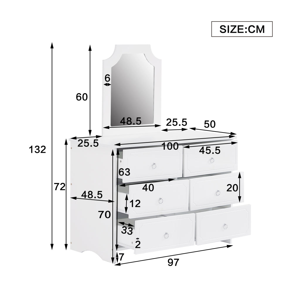 Spiegelschrank, Kommode, 6 Schubladenschrank, Spiegel herausnehmbar, Stauraum im Wohnzimmer und Schlafzimmer, geräuschlosen Gleitern, MDF+Spanplatte, Weiß