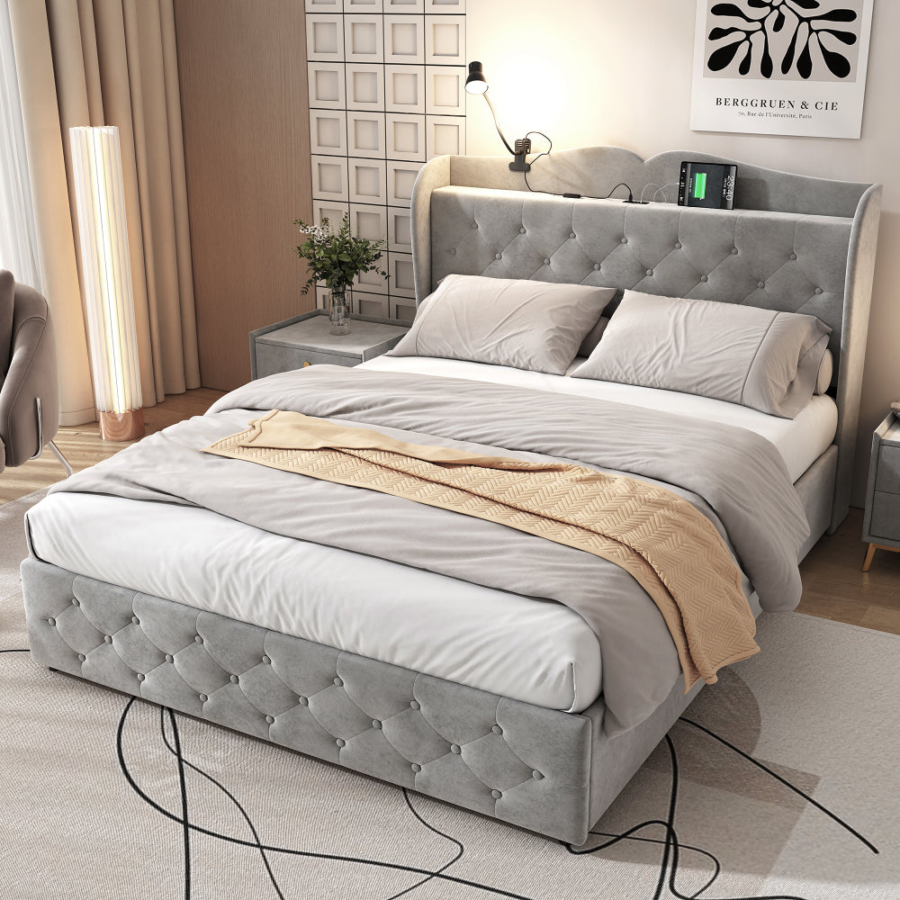 Upholstered Bed, 4ft6 double bed 135x190cm, With 4 drawers and Lamp, 4 USB port, Durable and Sturdy, Youth bed, for adults & teenagers, Multifunctional bed, Velvet, Grey