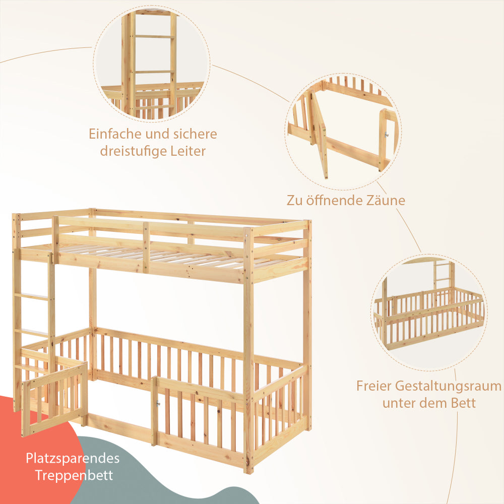 Etagenbett mit rechtwinkliger Treppe, Bett mit Zäune und Türchen, Kinderbett mit Fallschutz und Gitter, Massivholz, natur (200x90cm)