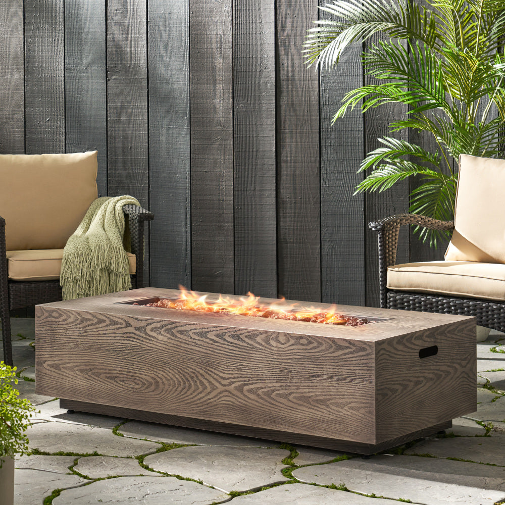 48" Outdoor 50,000 BTU Rectangular Iron Propane Fire Pit, Brown Wood Pattern (Tank Cover not Included)