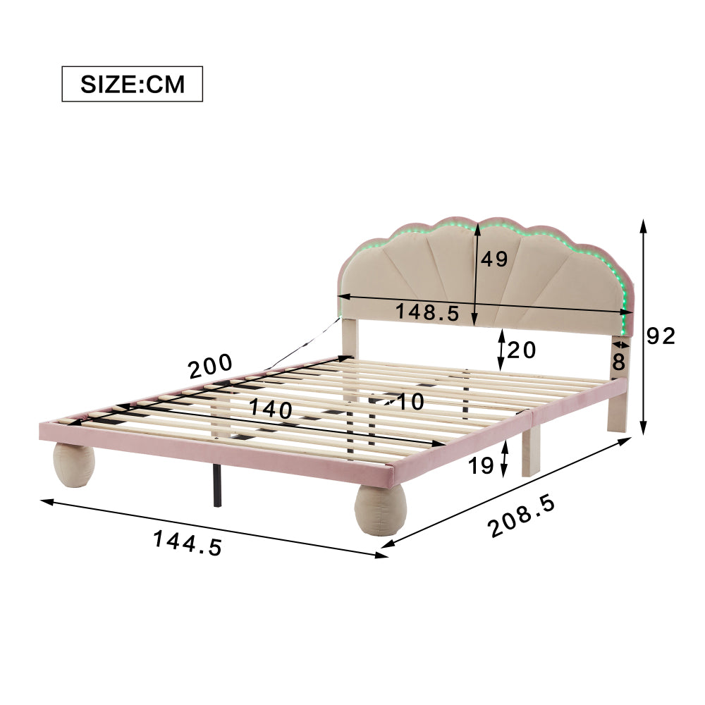 Polsterbett mit mehrfarbigen, wechselnden Lichtstreifen, Kopfteil mit Wellenschliff, mit gepolsterter runden Beine, Kinderbett, Jugendbett mit Holzlatten, Doppelbett, Samt, Beige+Rosa, 140x200cm