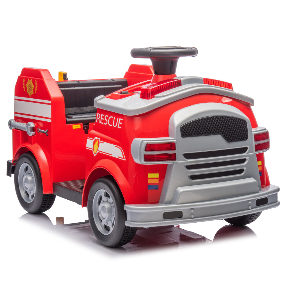 12V Kids Ride On Electric Car.Fire Engine Shape Design with Early education function,Human-vehicle interaction with A variety of fire tools.Lights, horns, and sirens,Slow Start For kids Aged 3-7.